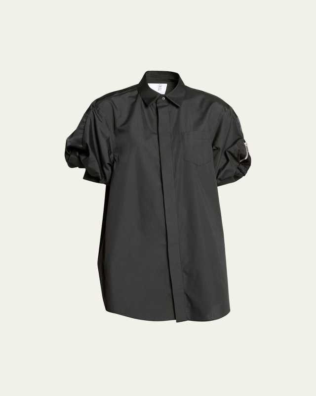 Puff-Sleeve Cotton Poplin Shirting Mini Dress